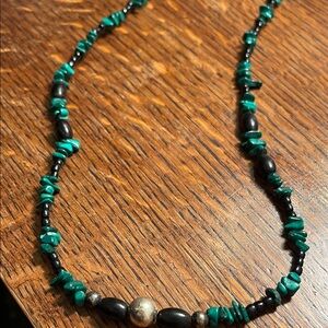 Green Chip Bead Necklace with Black Accents